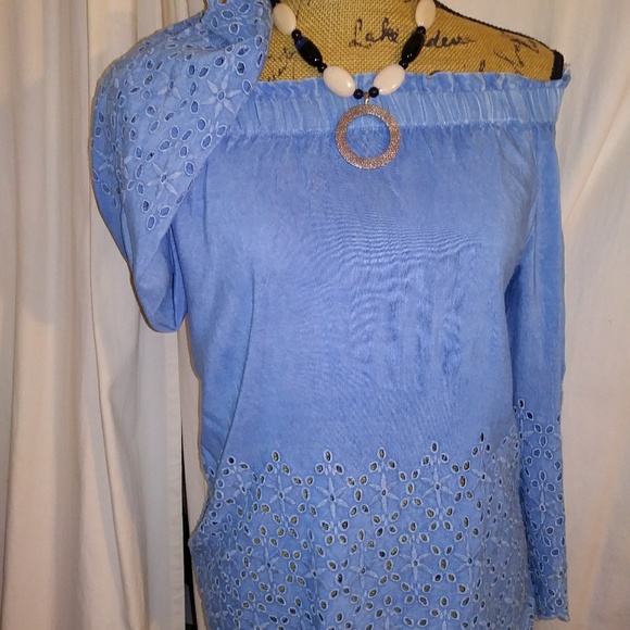 Style Envy Denim Look Off Shoulder Shirt - Picture 1 of 5
